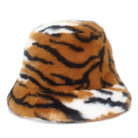 Tiger Print Plush Fisherman Hat Winter Faux Fur Bucket Hat Thick Warm Animal Stripe Basin Hat For Women Men Outdoor