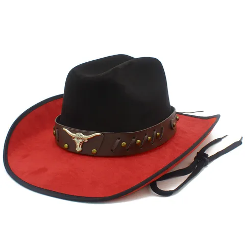 Vintage Polyester Faux Suede Western Cowboy Hat Color Block Wide Brim Fedora Hat With Bull Head Badge Belt For Men Women Party