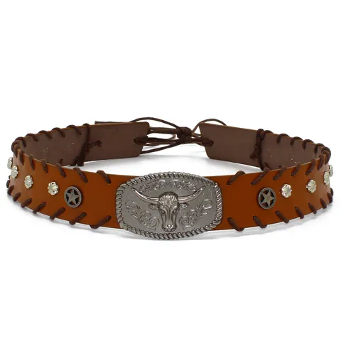 Western Leather Hat Bands For Cowboy Jazz Hats DIY Decorative Metal Bull Head Eagle Heart Rhinestone Buckle Accessories