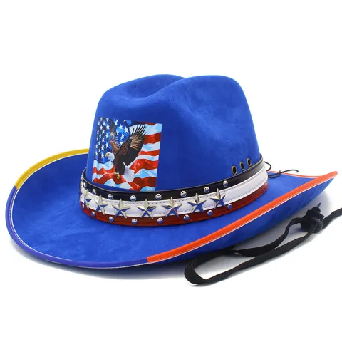 Vintage Suède Cowboyhoed Brede Gebogen Rand Kleurblok Jazz Fedora Hoed Met Sterrenspijkers Adelaar Vlag Print Winddicht Band Voor Mannen Vrouwen