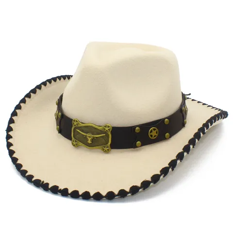 Vintage Western Cowboy Hat Cotton Polyester Wide Brim Hat With Leather Band Bull Head Buckle For Party Costume Unisex Fedora Hat