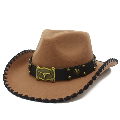 Vintage Western Cowboy Hat Cotton Polyester Wide Brim Hat With Leather Band Bull Head Buckle For Party Costume Unisex Fedora Hat