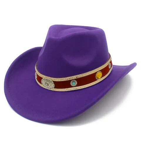Ethnic Western Cowboy Hat Wool Felt Jazz Fedora Hat Wide Brim Vintage Curled Solid Color Men Women Outdoor Party Hat
