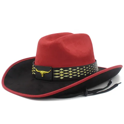 Vintage Western Cowboy Hat Unisex Suede Patchwork Color Block Jazz Fedora Hat With Bull Head Metal Ornament Windproof Straw Hats For Daily Party