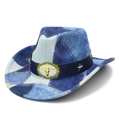 Vintage Distressed Western Cowboy Hat Color Block Denim Jazz Fedora Hat With Bull Head Buckle For Men Women Outdoor Casual Sun Hat