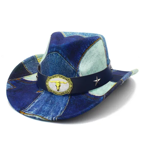Vintage Distressed Western Cowboy Hat Color Block Denim Jazz Fedora Hat With Bull Head Buckle For Men Women Outdoor Casual Sun Hat