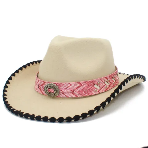 Damen Retro Cowboyhut Breite Krempe Fedora Sonnenhut Baumwollmischung Filzhut Mit Rosa Ethno-Band Und Metallschnalle Für Reisen Outdoor