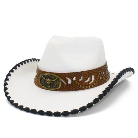 Retro Western Cowboy Hat Cotton Polyester Contrast Color Wide Brim Sun Hat With Bull Head Ornament For Adults Unisex Everyday Wear