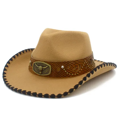 Retro Western Cowboy Hat Cotton Polyester Contrast Color Wide Brim Sun Hat With Bull Head Ornament For Adults Unisex Everyday Wear