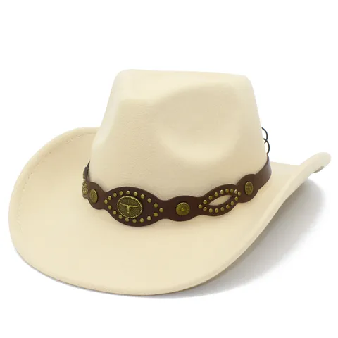 Cappello da Cowboy Occidentale Unisex Fedora in Lana Con Emblema a Testa di Toro Rivetti Fascia in Pelle Tesa Larga Curva Stile Retro