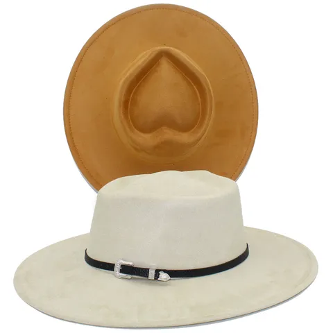 Sombrero Fedora de Gamuza Retro con Parte Superior de Corazón Ala Ancha Jazz Hebilla Occidental Banda de Cinturón Vintage Gentleman