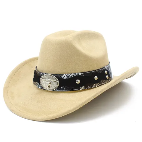 Westlicher Wildleder Cowboyhut Für Damen Herren Gebogene Krempe Fedora Mit Schlangenmuster Band Metall Stierkopf Schnalle Retro Ritterhut Party Outdoor