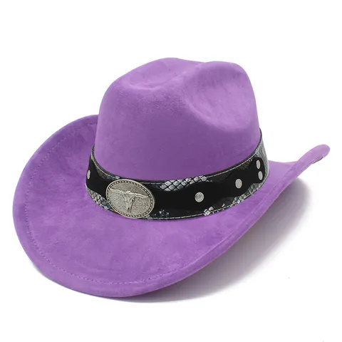 Westlicher Wildleder Cowboyhut Für Damen Herren Gebogene Krempe Fedora Mit Schlangenmuster Band Metall Stierkopf Schnalle Retro Ritterhut Party Outdoor