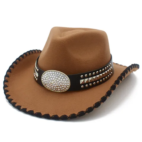 Western Cowboy Hat With Rhinestone And Rivet Decoration Fashion Color Block Jazz Fedora Hat For Stage Party Performance Unisex