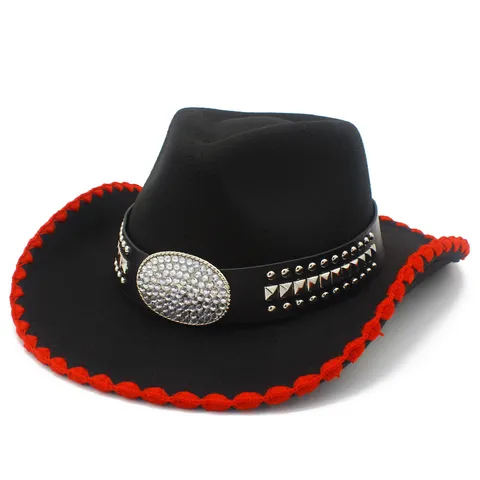 Western Cowboy Hat With Rhinestone And Rivet Decoration Fashion Color Block Jazz Fedora Hat For Stage Party Performance Unisex