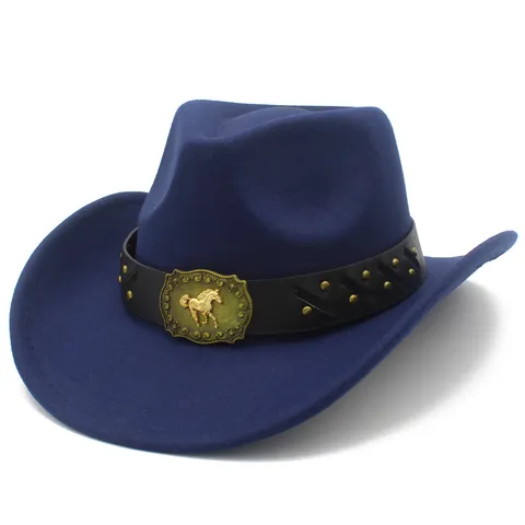 Vintage Wool Felt Fedora Hat For Women Men Horse Buckle Leather Belt Wide Brim Cowboy Hat Western Knight Jazz Cap