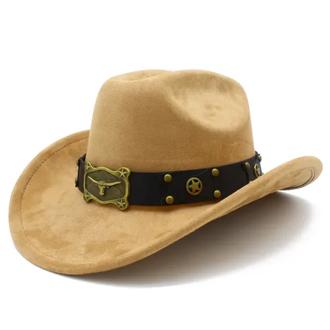 Vintage Faux Suede Cowboy Hat For Unisex Wide Brim Western Fedora Jazz Hat With Metal Bull Head Decor Star Rivets Travel Sun Hat