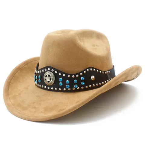 Classic Western Cowboy Hat For Men Women Faux Suede Rhinestone Star Studded Knight Jazz Hat Retro Outdoor Party Fedora Sun Hat