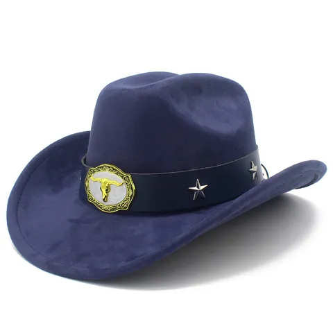 Western Cowboy Hat For Men Women Faux Suede Outback Fedora Hat With Bull Head Buckle Vintage Outdoor Sun Hat Knight Hat