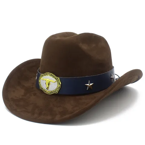 Western Cowboy Hat For Men Women Faux Suede Outback Fedora Hat With Bull Head Buckle Vintage Outdoor Sun Hat Knight Hat