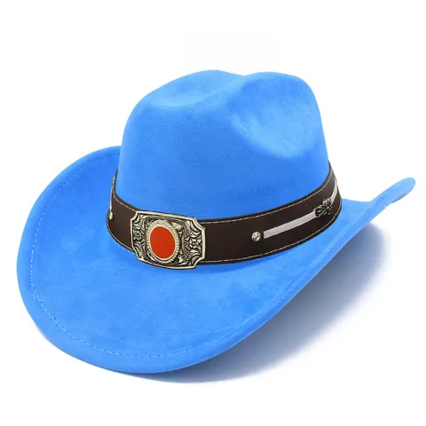 Fashion Adult Suede Western Cowboy Hat Retro Wide Brim Curved Jazz Hat With Belt Buckle Outdoor Sun Protection Hat