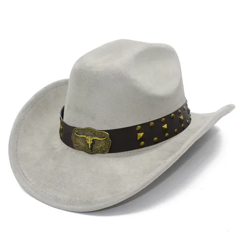 Vintage Suede Cowboy Hat For Men Women Western Style Fedora With Bull Head Metal Decor Wide Brim Gentleman Hat Outdoors