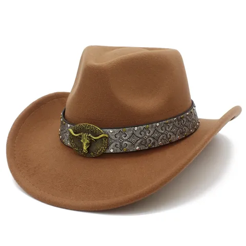 Retro Western Cowboy Fedora Hat Women Men Ethnic Bull Head Buckle Faux Wool Felt Wide Brim Jazz Hat Outdoor Accessory
