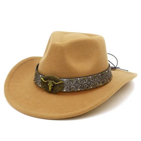 Retro Western Cowboy Fedora Hat Women Men Ethnic Bull Head Buckle Faux Wool Felt Wide Brim Jazz Hat Outdoor Accessory