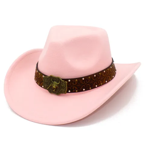 Western Cowboy Hat Wool Felt Wide Brim Fedora With Bull Head Buckle Leather Band Retro Out-back Knight Hat For Women Men
