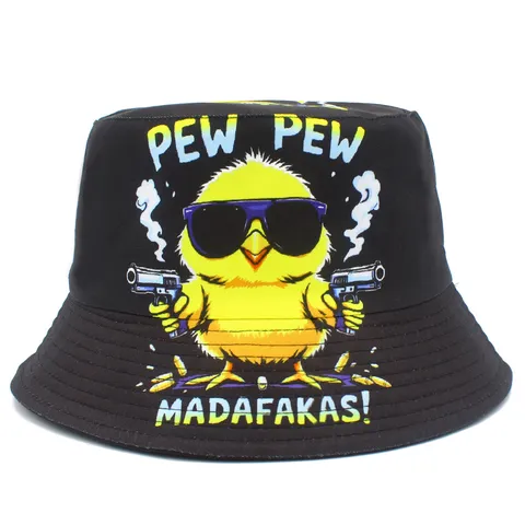 Chapeau Bob en Coton Noir avec Impression de Poulet de Dessin Animé Drôle Chapeau de Pêcheur Pliable Protection Solaire