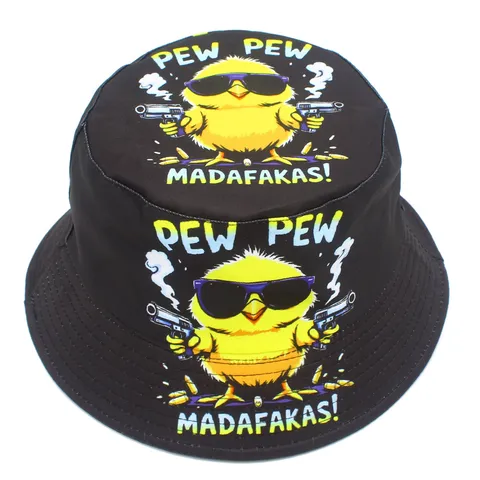 Chapeau Bob en Coton Noir avec Impression de Poulet de Dessin Animé Drôle Chapeau de Pêcheur Pliable Protection Solaire
