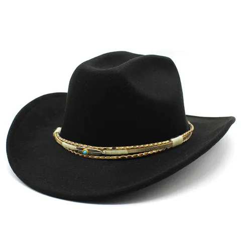 Cappello Fedora a Tesa Larga Vintage Stile Etnico Moda Piuma Turchese Cowboy Cappello Per Uomo Donna Western Jazz Cappello