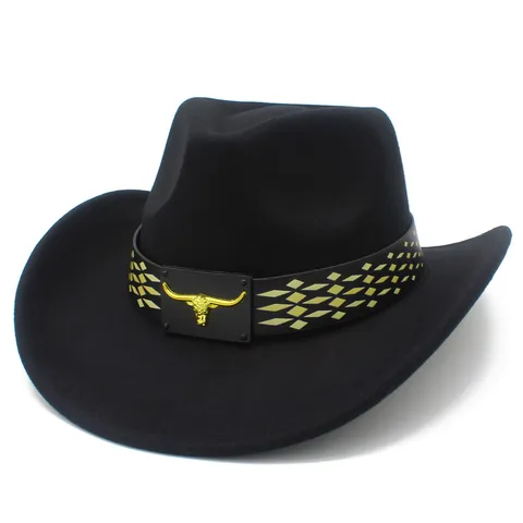Western Cowboyhoed Hard Shaped Vilt Fedora Hoed Met Stierenkop Metalen Gesp Outdoor Reizen Zonnescherm Hoed Voor Heren Dames
