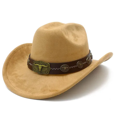 Vintage Ethnic Western Cowboy Hat For Men Women Faux Suede Leather Band Bull Head Buckle Jazz Fedora Hat Sunshade Hat Gift