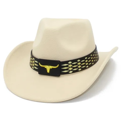 Western Cowboyhoed Hard Shaped Vilt Fedora Hoed Met Stierenkop Metalen Gesp Outdoor Reizen Zonnescherm Hoed Voor Heren Dames