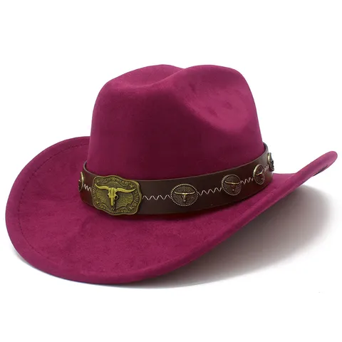 Vintage Ethnic Western Cowboy Hat For Men Women Faux Suede Leather Band Bull Head Buckle Jazz Fedora Hat Sunshade Hat Gift