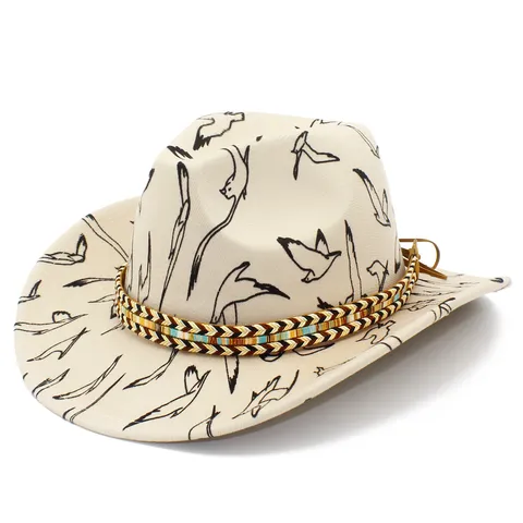 Western Cowboyhut Ethno Gewebte Band Vogeldruck Breite Krempe Fedora Jazz Hut Für Damen Herren Reisen Strand Party Outdoor Sonnenschutz