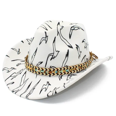 Western Cowboyhut Ethno Gewebte Band Vogeldruck Breite Krempe Fedora Jazz Hut Für Damen Herren Reisen Strand Party Outdoor Sonnenschutz