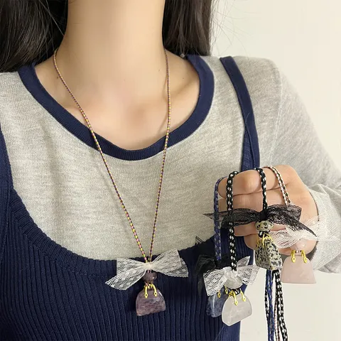 Niche Design Lace Bow Bag Pendant Necklace Women Fashion Beaded Choker Versatile Clavicle Chain Jewelry Gift