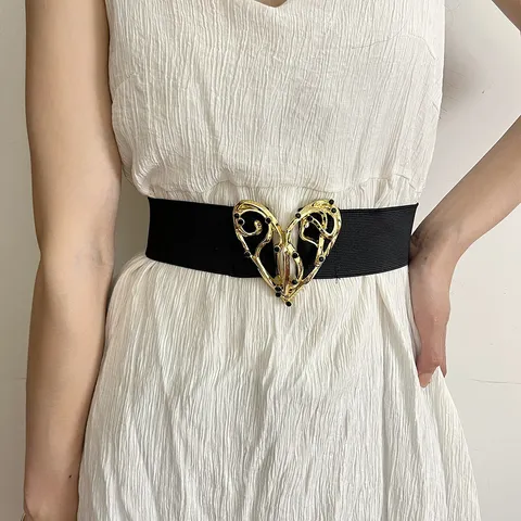 Retro Vintage Black Elastic Waist Belt Fashion Elegant Heart Metal Interlocking Buckle Rhinestone Decor Corset For Women