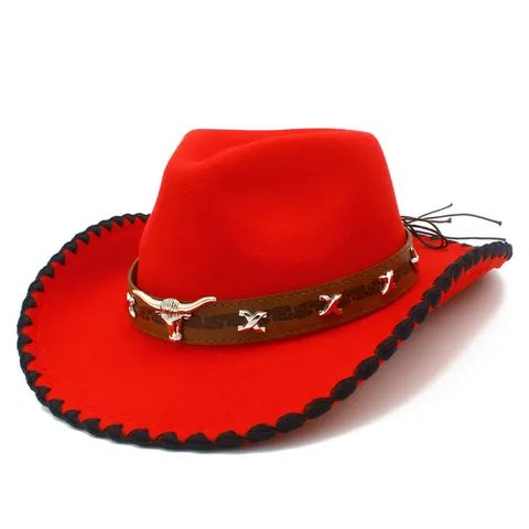 Chapeau de Cow-boy de l'Ouest Vintage Pour Hommes Femmes en Feutre de Coton Polyester Chapeau Fedora Jazz Avec Boucle en Métal Tête de Taureau