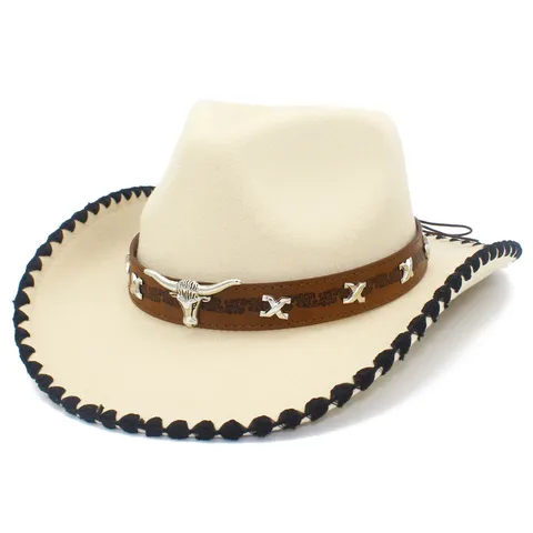 Chapeau de Cow-boy de l'Ouest Vintage Pour Hommes Femmes en Feutre de Coton Polyester Chapeau Fedora Jazz Avec Boucle en Métal Tête de Taureau