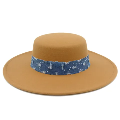 Sombrero Fedora Jazz Retro Francés de Ala Ancha para Mujer Elegante Algodón Poliéster Color Sólido Con Banda de Mezclilla y Lentejuelas