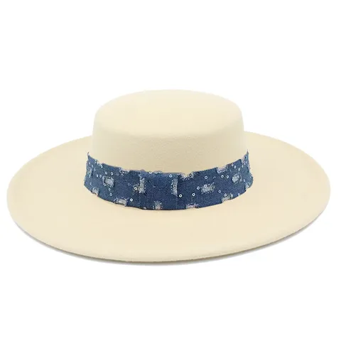 Sombrero Fedora Jazz Retro Francés de Ala Ancha para Mujer Elegante Algodón Poliéster Color Sólido Con Banda de Mezclilla y Lentejuelas