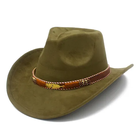Classico Cappello da Cowboy in Similpelle Scamosciata Tesa Larga Curva Fedora Cappello Con Cintura Foglia di Metallo Vintage Western Jazz Cappello per Donne Uomini