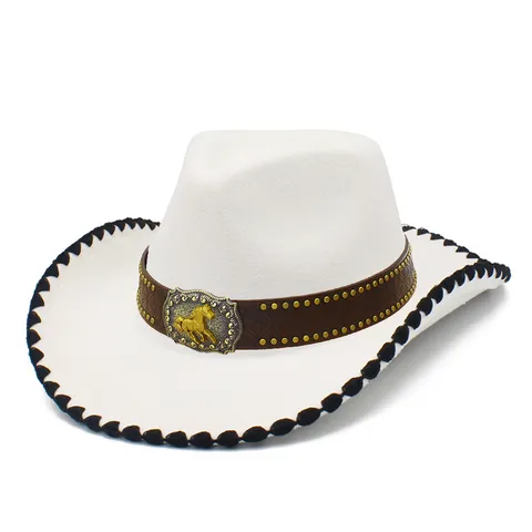 Western Cowboy Hat For Men Women Color Block Curled Brim Wide Brim Jazz Fedora Hat With Metal Horse Buckle Decorative Hat
