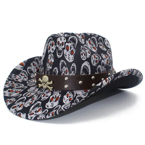 Halloween Skull Print Cowboy Hat Gothic Jazz Fedora With Leather Rivet Band For Party Costume Men Women