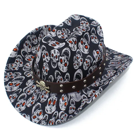 Halloween Skull Print Cowboy Hat Gothic Jazz Fedora With Leather Rivet Band For Party Costume Men Women
