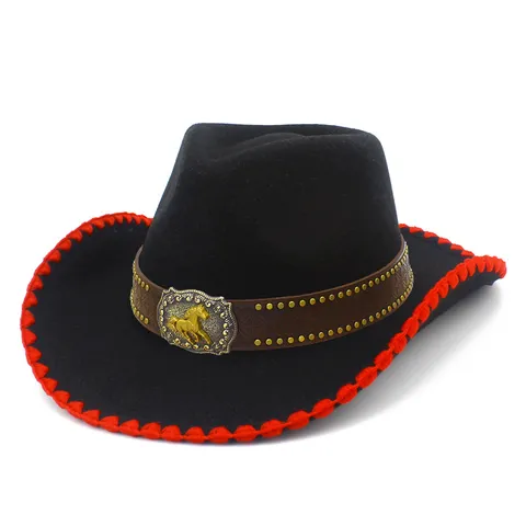 Western Cowboy Hat For Men Women Color Block Curled Brim Wide Brim Jazz Fedora Hat With Metal Horse Buckle Decorative Hat