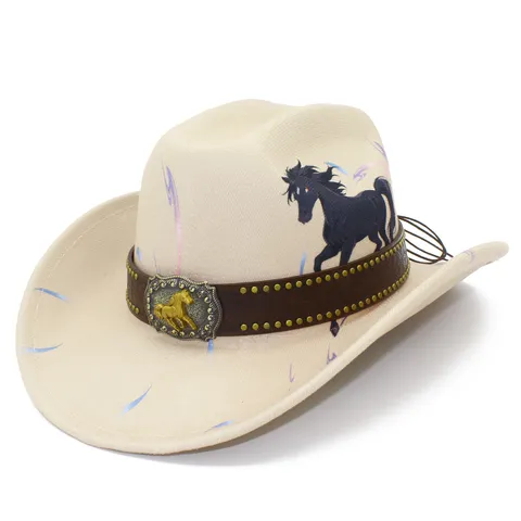 Western Style Cowboy Hat For Men Women Polyester Horse Print Fedora Hat With Leather Buckle For Stage Performance Street Wear